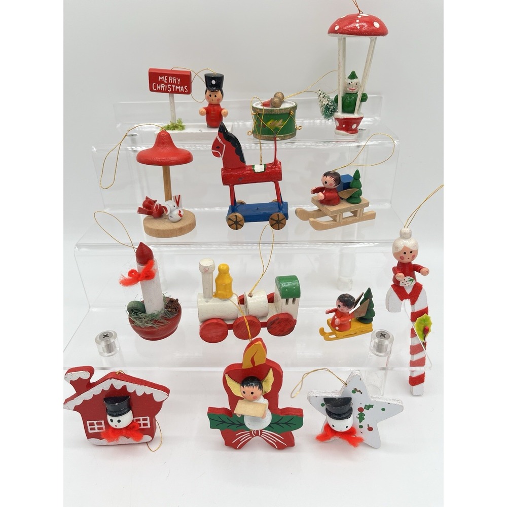 Lot of 13 Vintage Wooden Wood Mini Christmas Tree Ornaments Hand Painted Holiday